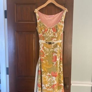 Gianni Bini 100% Linen Coastal Grandma Floral Print Midi Dress Lace Size 8